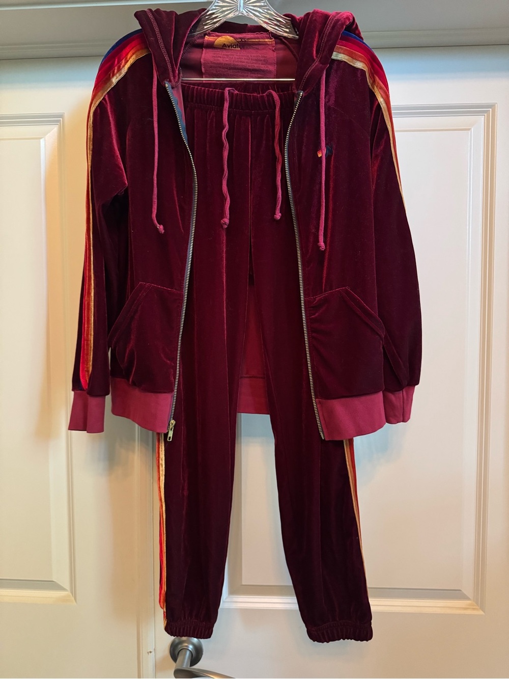 Aviator Nation Burgundy Velvet Track Suit Set with Rainbow Stripes